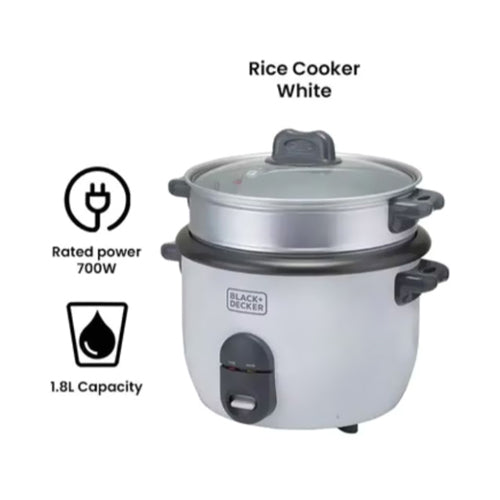 Black & Decker Rice Cooker, 700W Power, 1.8L, Removable Non-Stick Bowl & Steaming Tray with Water Level Indicator, Glass Lid & Cool Touch for Healthy Meals, Easy to Use, RC1860-B5